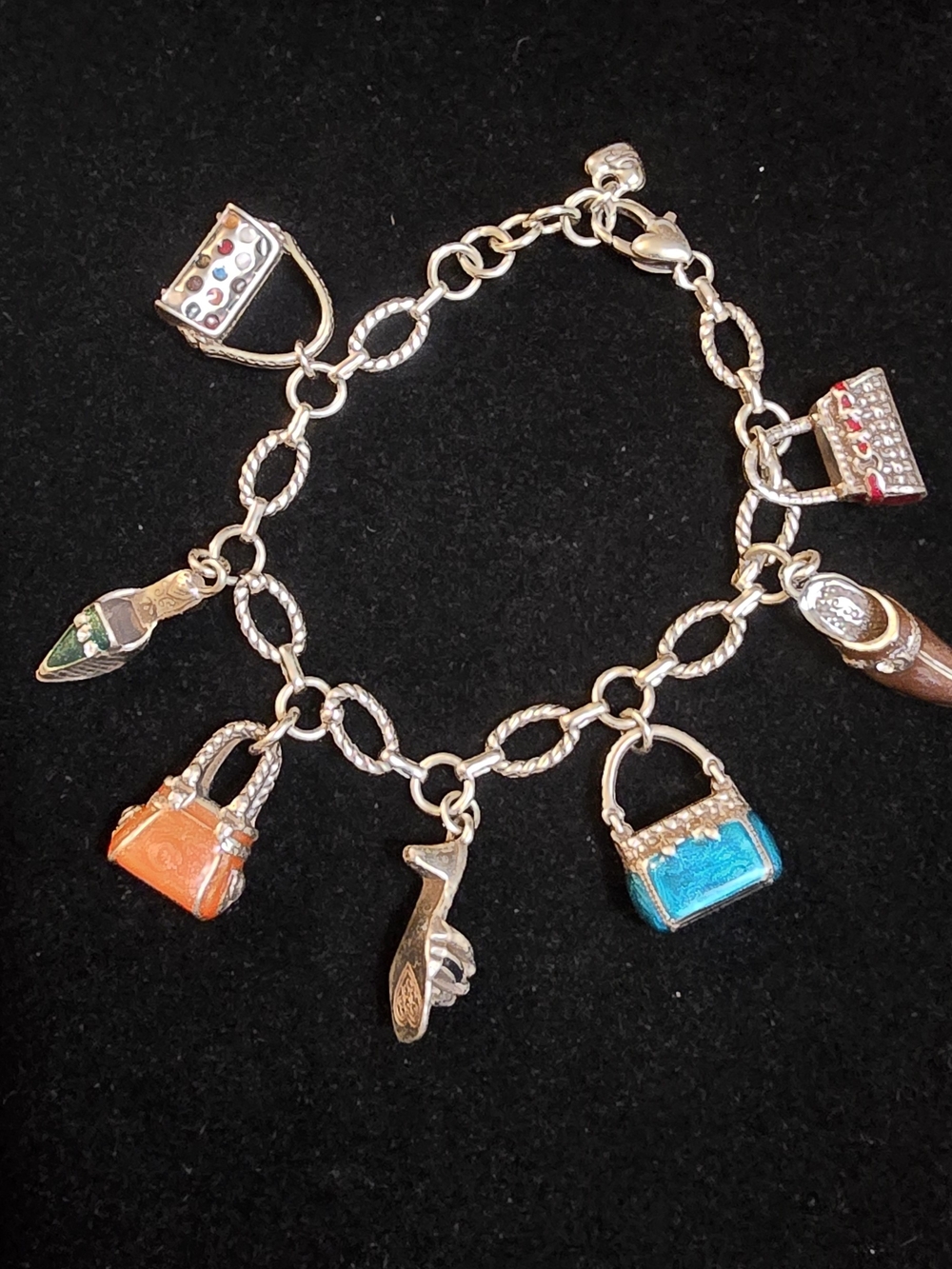 Brighton Gold-Tone Charm Bracelet with Orange & Turquoise Enamel Handbag Charms